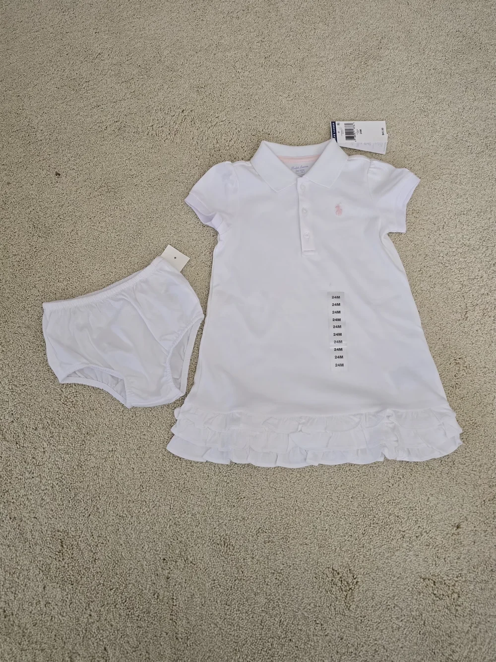 Ralph Lauren Girl White Ruffle Hem Polo Dress with matching short pant
